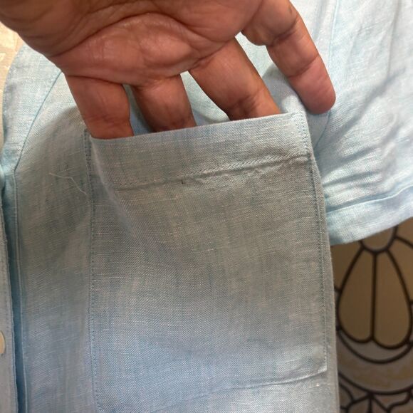 Pure Navy Linen Teal Button Down Midi Shirt Dress Pockets Beachy Coastal Size S - Picture 10 of 14